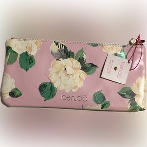 BAN.DO PINK FLORAL PENCIL COSMETIC MAKEUP BAG ZIPPER POUCH 8.75”x4” GOLD LINING